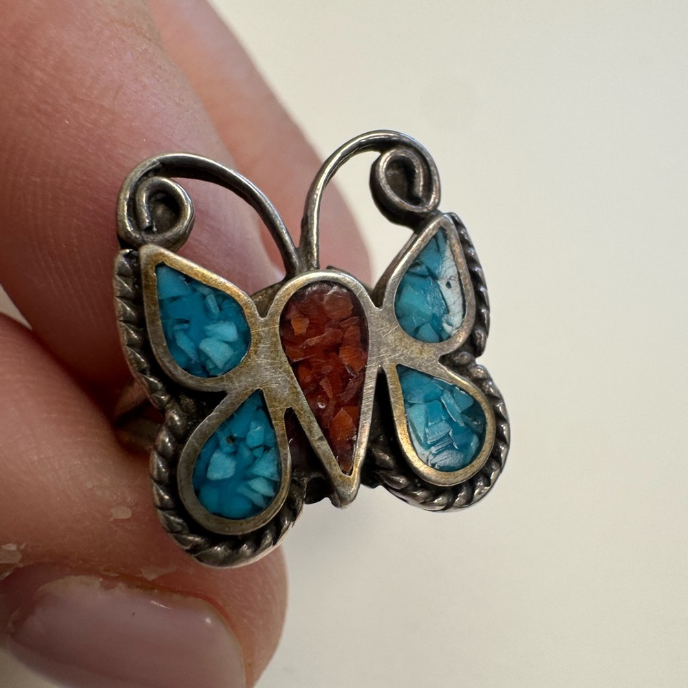 Butterfly Sterling Silver Southwest Ring with Crushed Turquoise and Red Coral